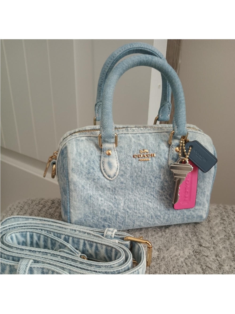 Coach Denim Mini Satchel with Pink and Navy Tag